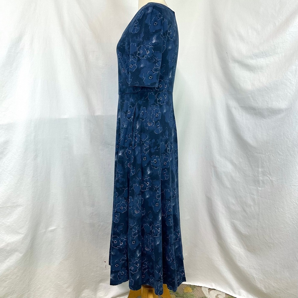 PACT Organic Cotton Blue Floral Fit & Flare Scoop Midi Dress Women's L Pockets - Picture 3 of 6